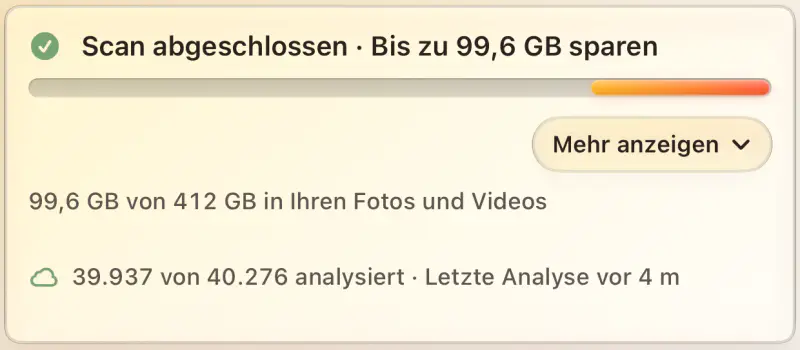 Scan abgeschlossen, bis zu 99,6 GB sparen. 99,6 GB von 412 GB in Ihren Fotos und Videos. 39.937 von 40.276 analysiert.