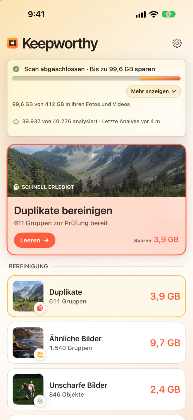 „Start“ in Keepworthy auf dem iPhone: Scan abgeschlossen, bis zu 99,6 GB sparen, mit Duplikaten, ähnlichen Bildern und unscharfen Bildern, jeweils mit Größenangabe