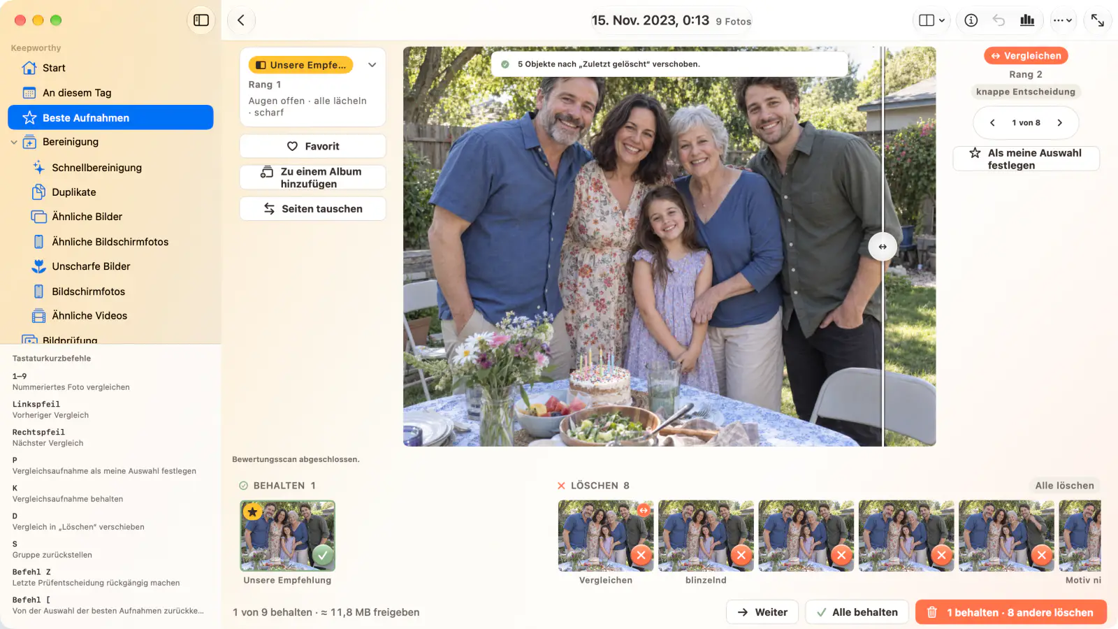 Vergleich der besten Aufnahmen auf einem Mac: ein Familienfoto aus einer Gruppe von neun, mit der Liste der Tastaturkurzbefehle in der Seitenleiste