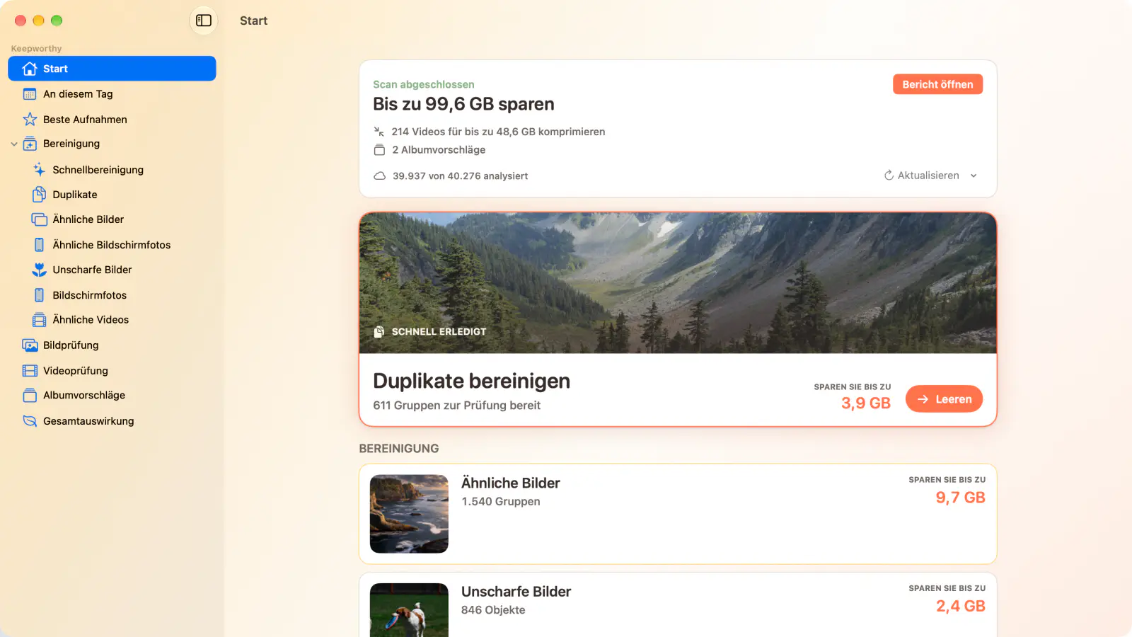 Keepworthy auf einem Mac: „Start“ nach einem Scan, mit bis zu 99,6 GB zum Sparen und „Duplikate bereinigen“ als erstem Schritt