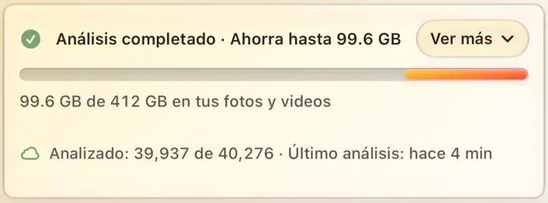 Análisis completado, ahorra hasta 99.6 GB. 99.6 GB de 412 GB en tus fotos y videos. Analizado: 39,937 de 40,276.