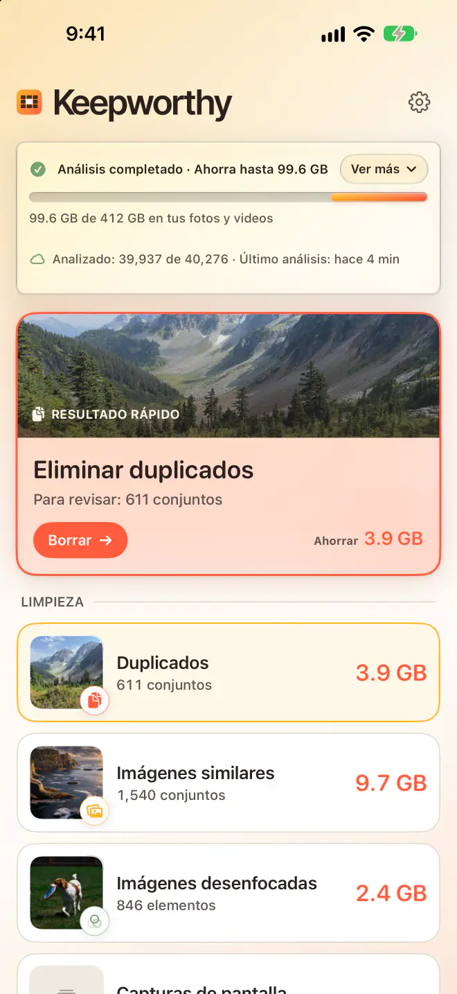 Inicio de Keepworthy en iPhone: análisis completado, ahorra hasta 99.6 GB, con duplicados, imágenes similares e imágenes desenfocadas, cada categoría con su tamaño