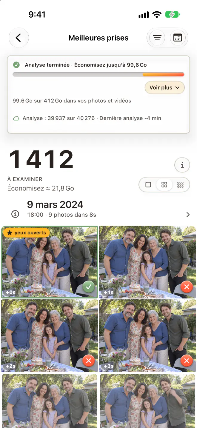 Keepworthy sur iPhone : Meilleures prises, 1 412 photos à examiner, le choix de chaque rafale marqué À conserver et le reste marqué À supprimer
