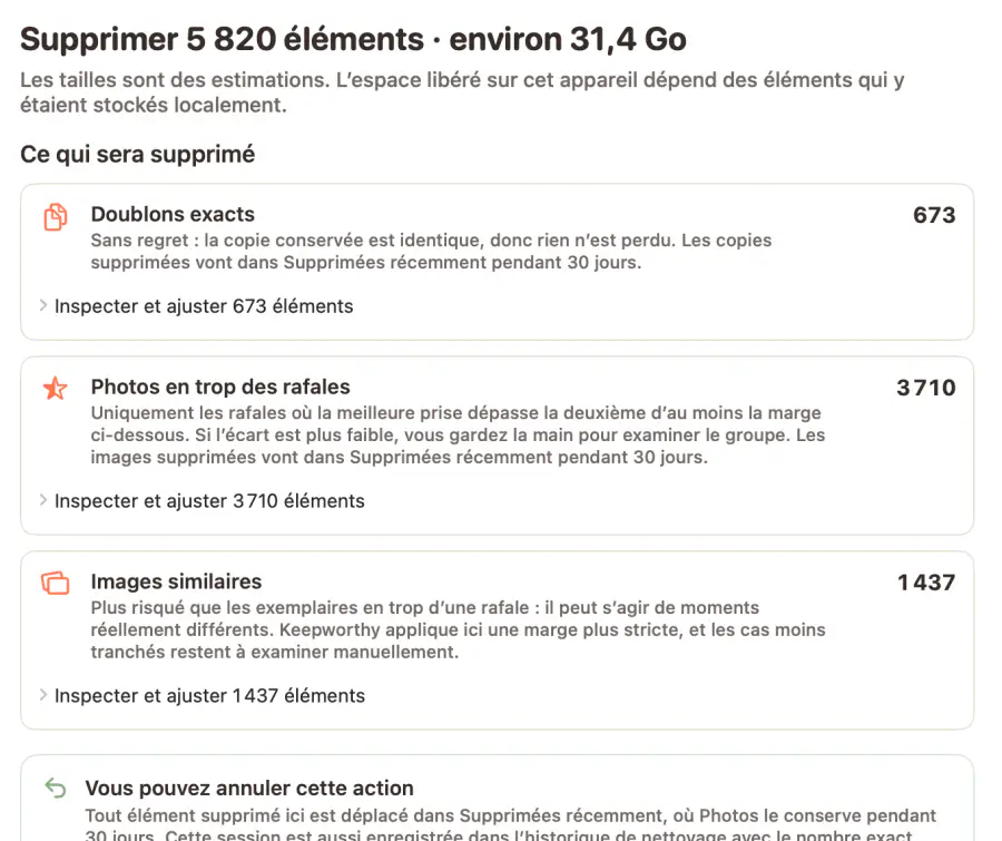 Examen du Nettoyage rapide sur un Mac : supprimer 5 820 éléments, environ 31,4 Go, répartis entre doublons exacts, photos en trop des rafales et images similaires, chacun avec son propre total à inspecter