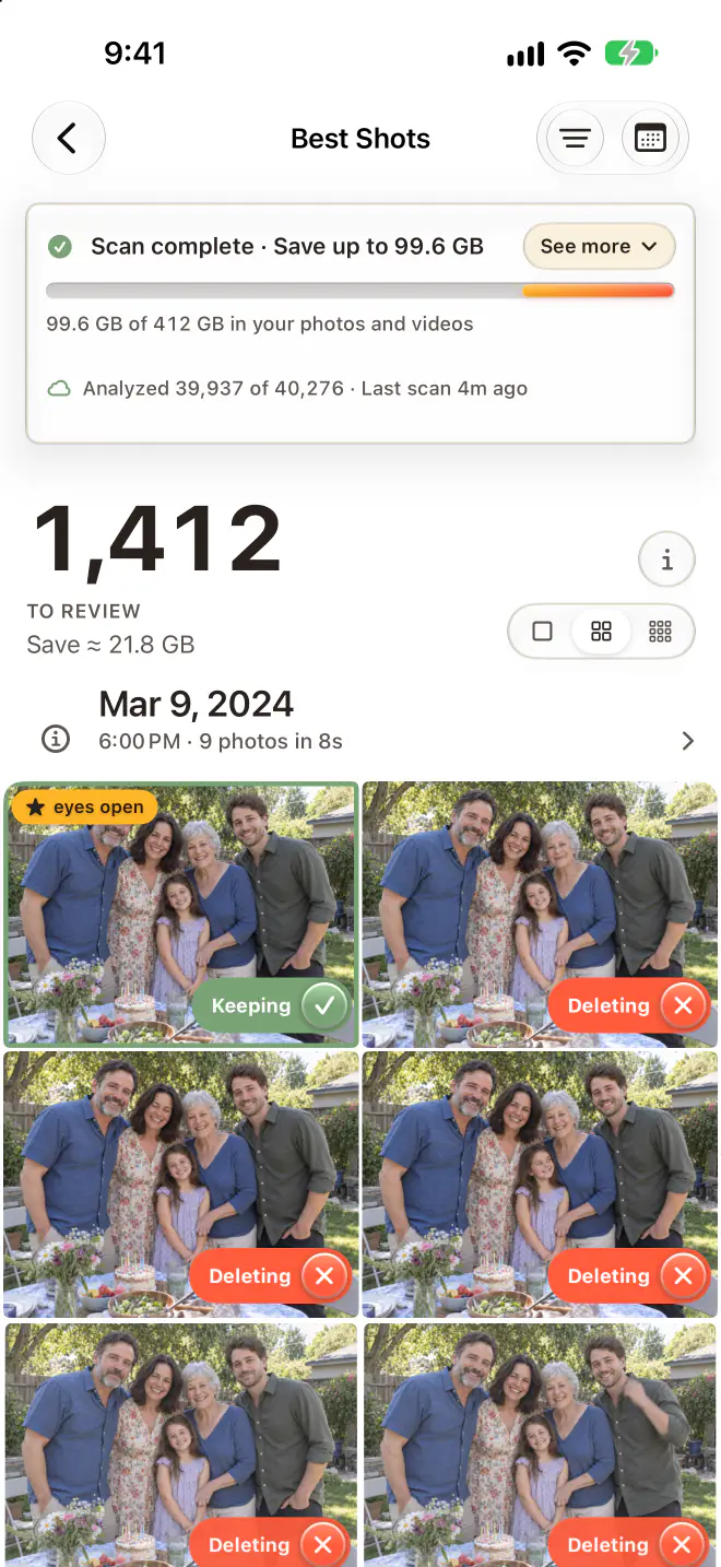 Keepworthy på iPhone: Bedste billeder, 1.412 billeder til gennemgang, hvor valget i hver serie er markeret Beholdes og resten Slettes