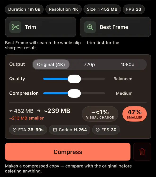Komprimering af én video: 4K beholdt, kvaliteten Afbalanceret, komprimeringen Mellem, ca. 452 MB ned til 239 MB, 47 % mindre, med under 1 % visuel ændring