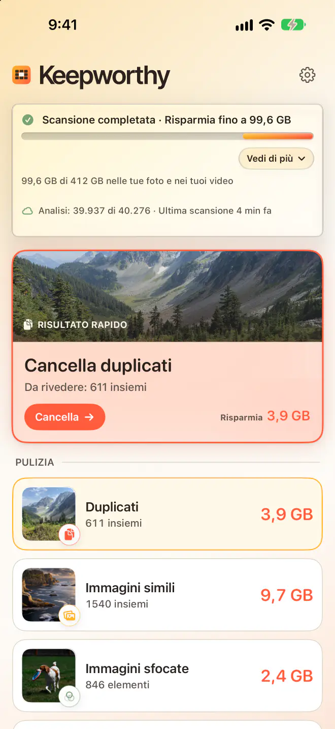 La Home di Keepworthy su iPhone: scansione completata, risparmia fino a 99,6 GB, con duplicati, immagini simili e immagini sfocate, ciascuna categoria con la propria dimensione