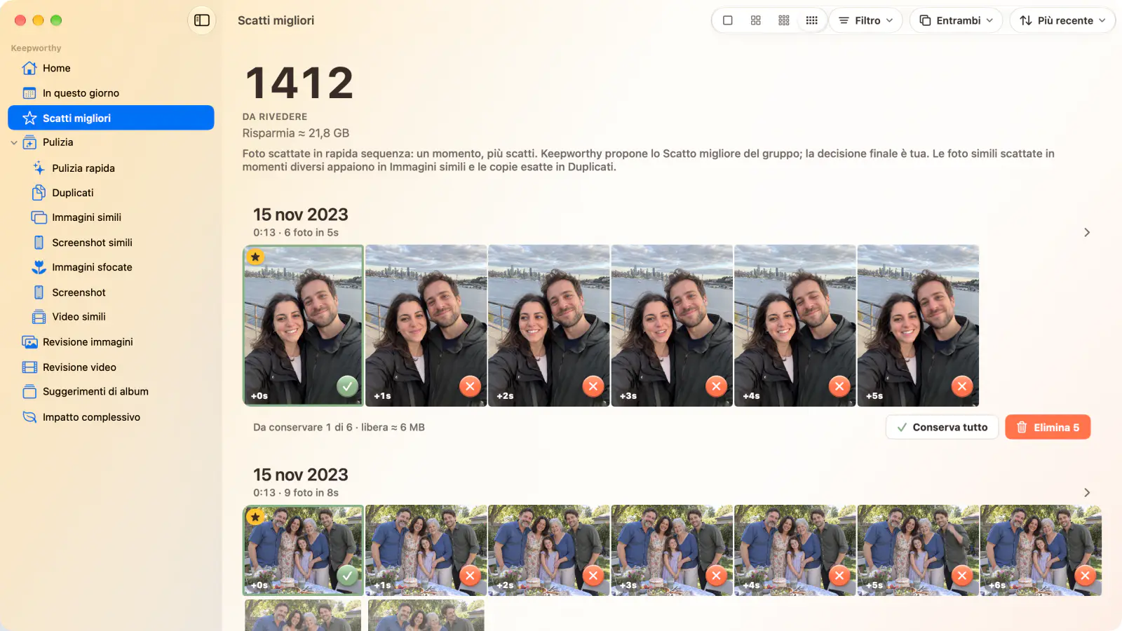 Scatti migliori su Mac: 1.412 foto da rivedere, raggruppate per momento, con la scelta di ogni gruppo contrassegnata da una stella e le altre segnate per l’eliminazione