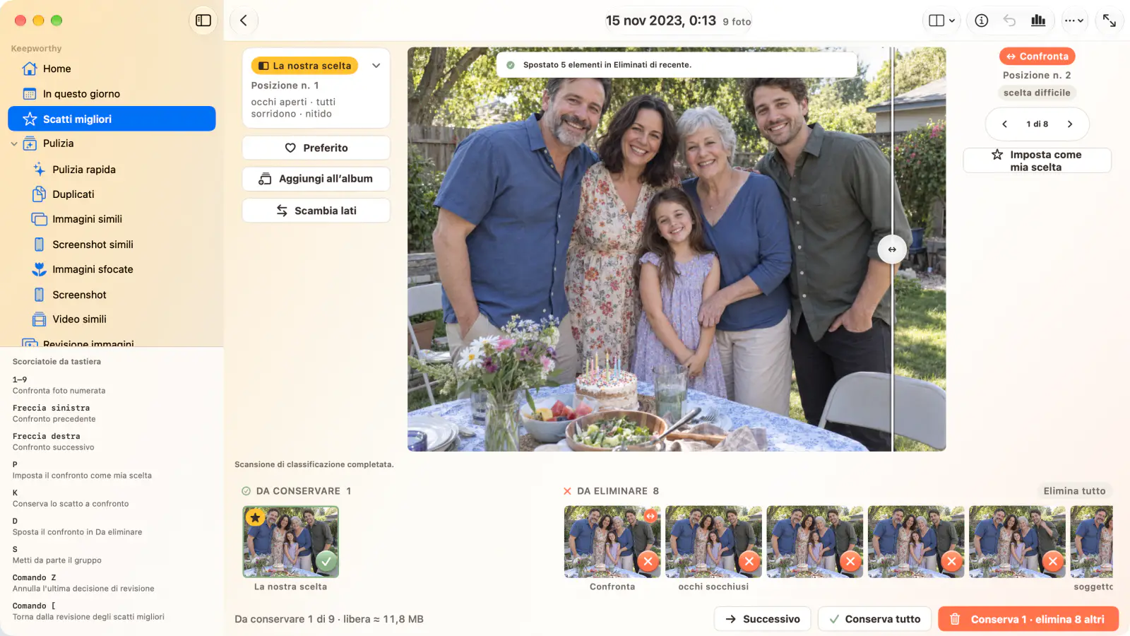 Confronto degli Scatti migliori su Mac: una foto di famiglia da un gruppo di nove, con l’elenco delle scorciatoie da tastiera nella barra laterale
