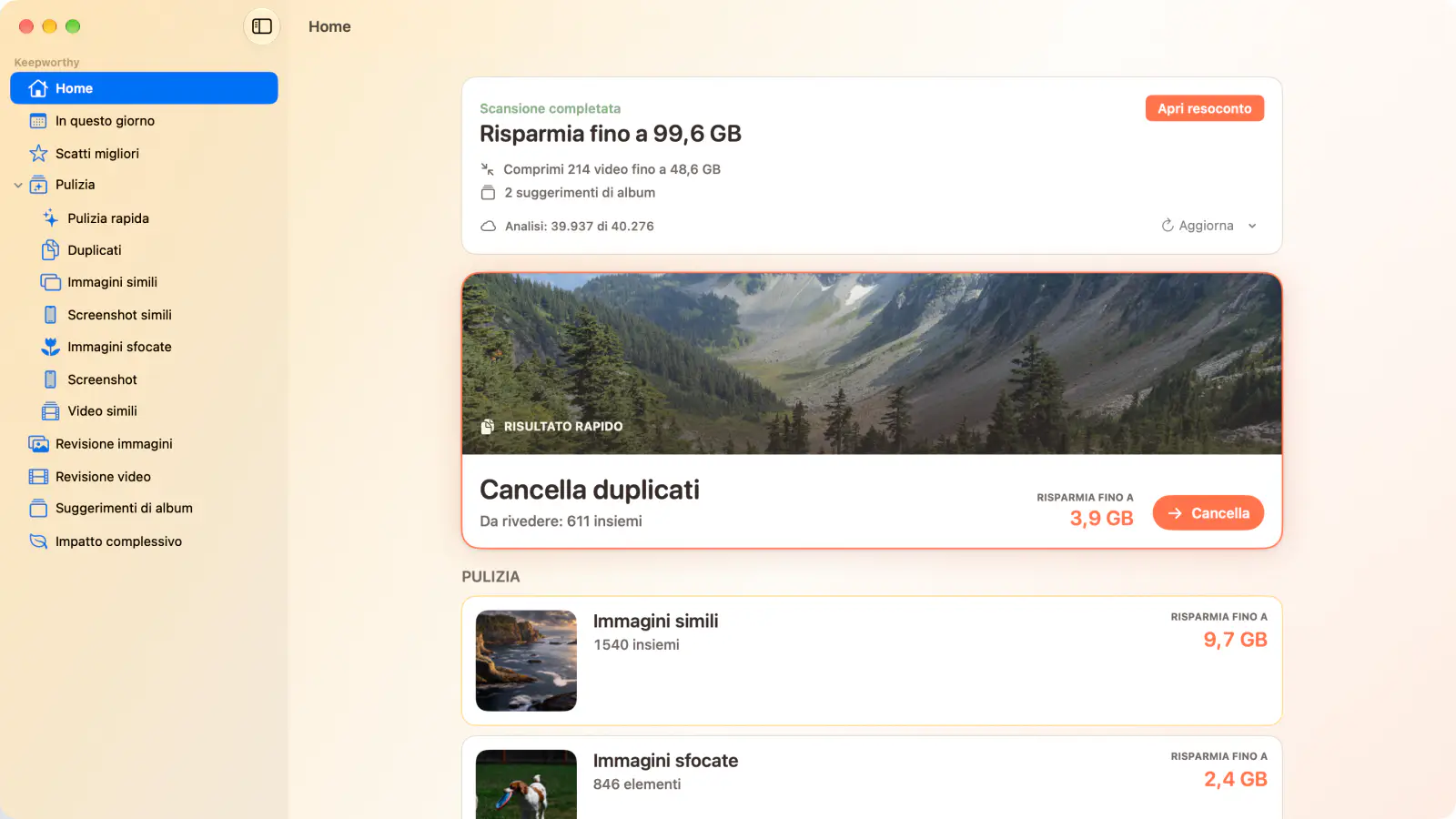 Keepworthy su Mac: la Home dopo una scansione, con fino a 99,6 GB da risparmiare e Cancella duplicati come primo passo
