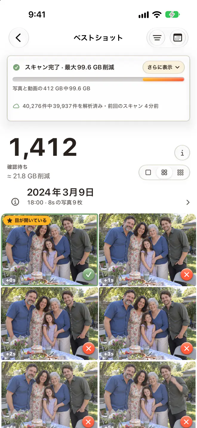 iPhoneのKeepworthy:ベストショット、確認待ち1,412枚。各バーストで選ばれた写真は「残す予定」、ほかは「削除予定」になっています