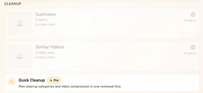 The Quick Cleanup row on Mac Home: plan cleanup categories and video compression in one reviewed flow