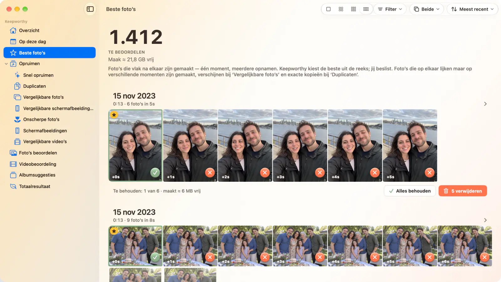 Beste foto’s op een Mac: 1.412 foto’s om te beoordelen, gegroepeerd per moment, met de keuze in elke groep met een ster en de rest gemarkeerd voor verwijdering