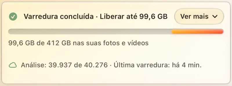 Varredura concluída, liberar até 99,6 GB. 99,6 GB de 412 GB nas suas fotos e vídeos. Análise: 39.937 de 40.276.