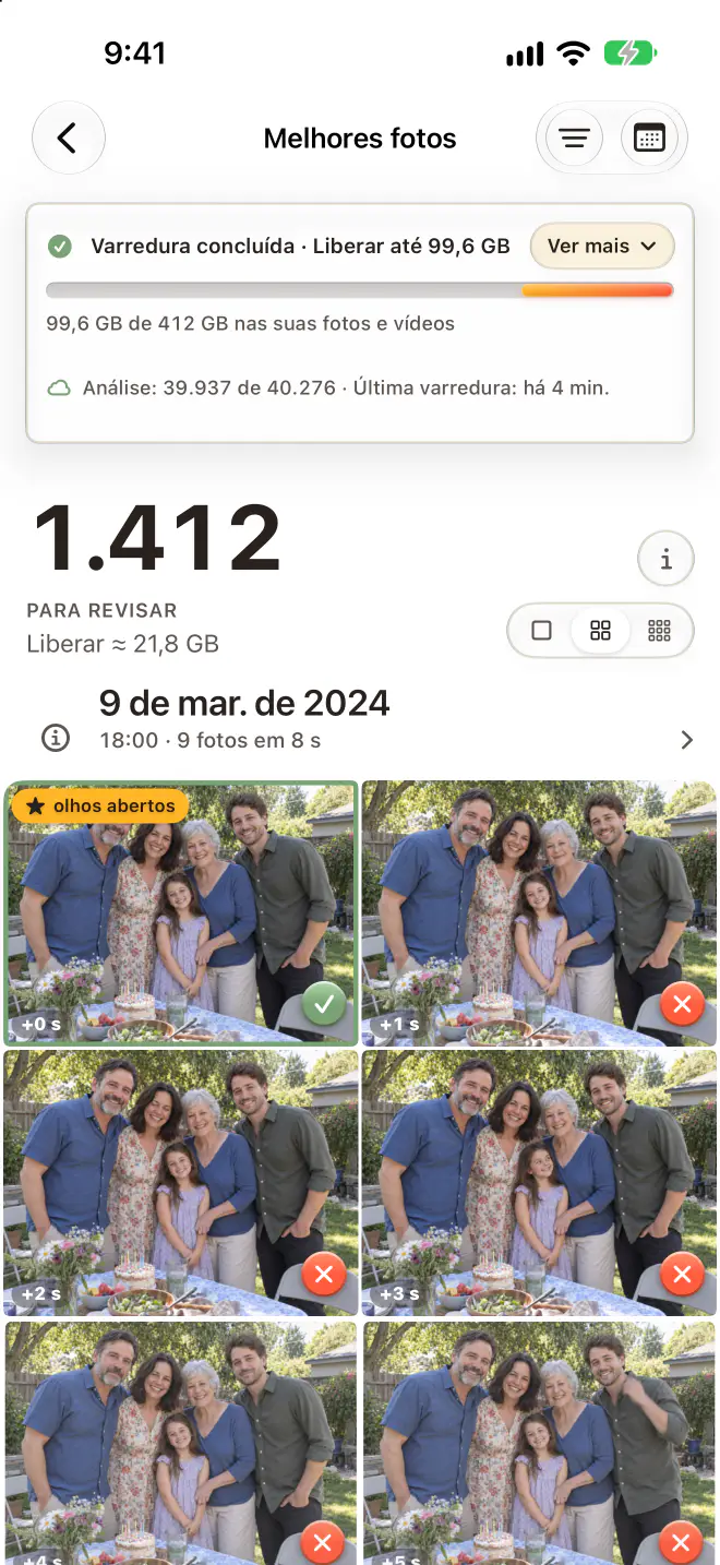 Keepworthy no iPhone: Melhores fotos, 1.412 fotos para revisar, com a escolha de cada sequência marcada como A manter e o resto marcado como A apagar