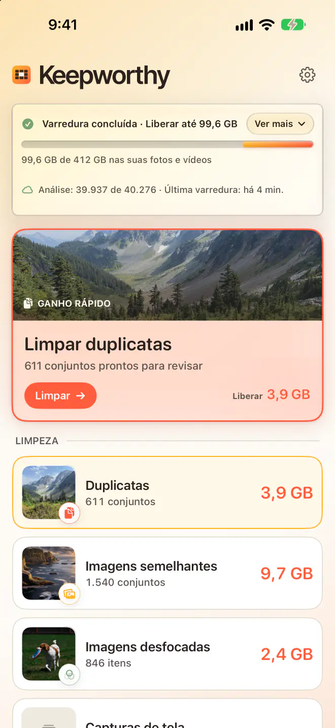 Início do Keepworthy no iPhone: varredura concluída, liberar até 99,6 GB, com duplicatas, imagens semelhantes e imagens desfocadas, cada uma com seu tamanho