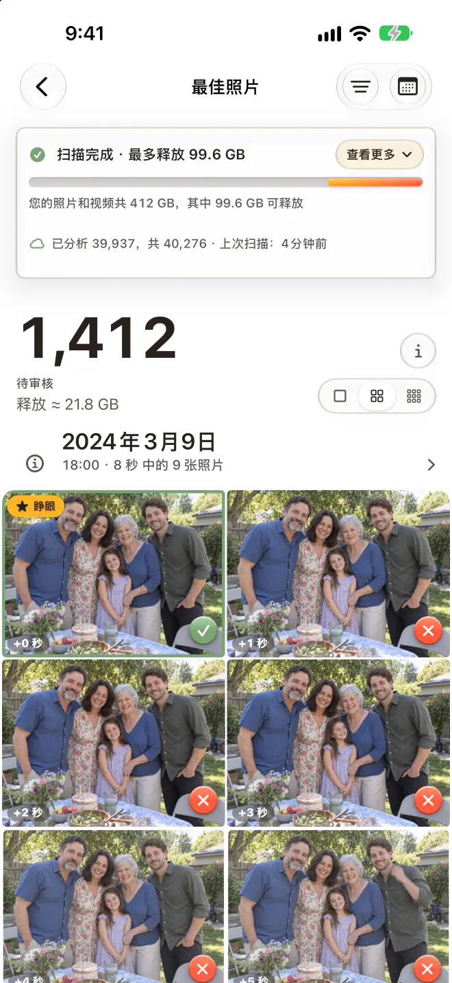 iPhone 上的 Keepworthy:最佳照片,1,412 张照片待审核,每组连拍中的推荐照片标为“保留”,其余标为“待删除”