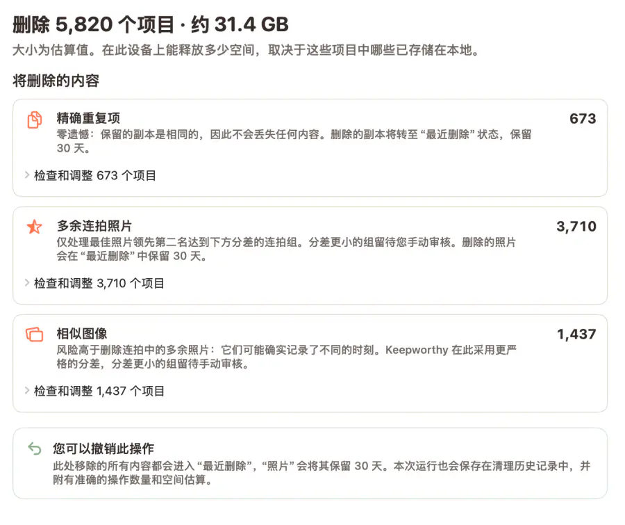 Mac 上的快速清理审核:移除 5,820 个项目,约 31.4 GB,涵盖精确重复项、多余连拍照片和相似图像,每类都有可查看的数量